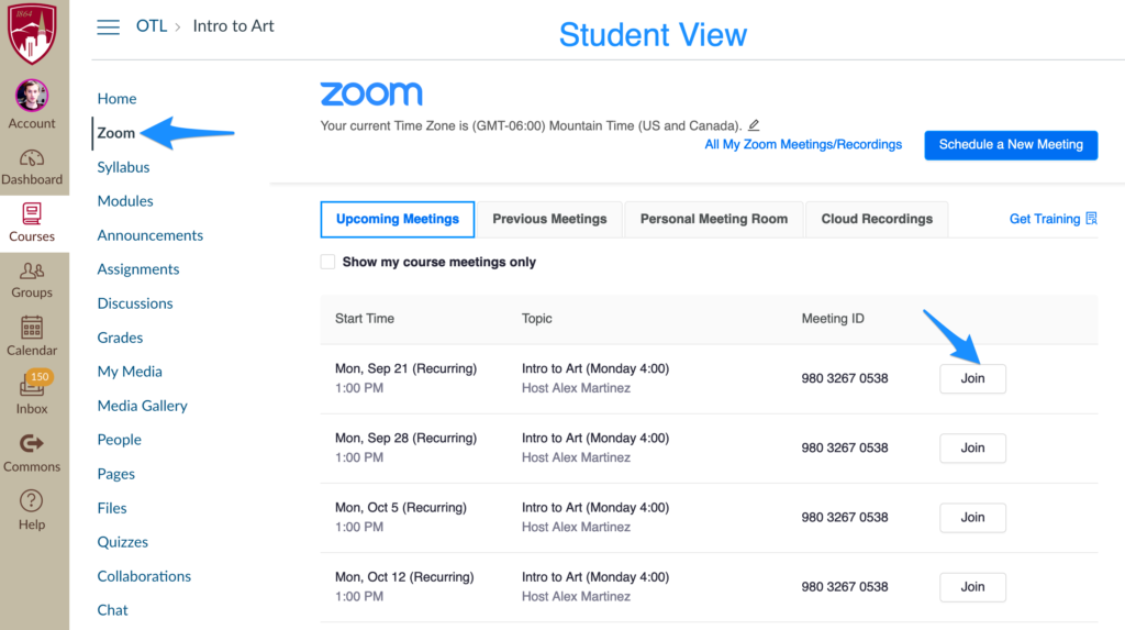 Screenshot of student view with Canvas showing location of ZOOM link.