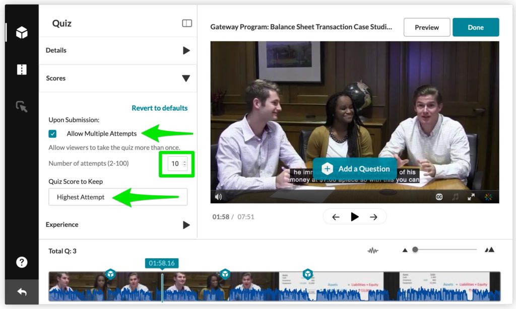 Screenshot showing video quiz tool and arrow pointing to the Allow Multiple Attempts, points and Quiz Score to Keep set to Highest Attempt.