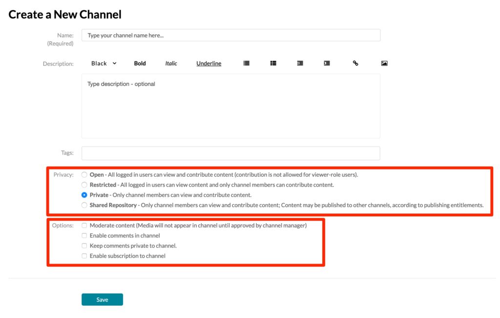 Screenshot showing the various privacy options for a channel. Options include Open, Restricted, and Private.