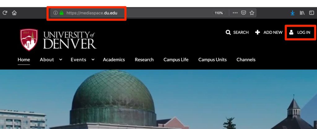 Screenshot showing DU MediaSpace Log In 