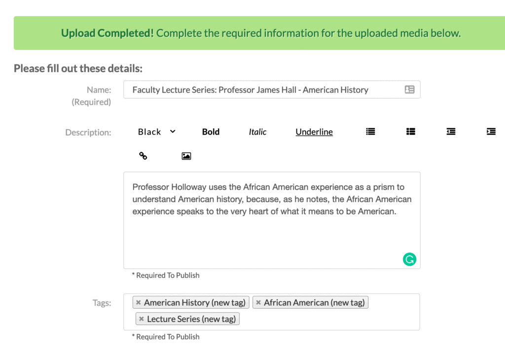 Screenshot showing media title and description fields.