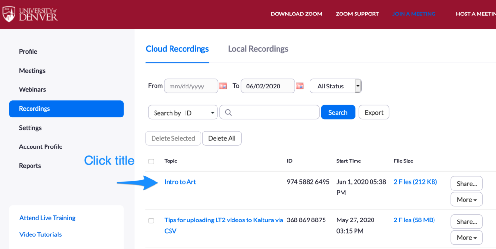 screenshot of Zoom recordings page