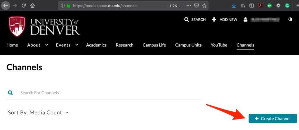 Screenshot of DU MediaSpace Create Channel button. 