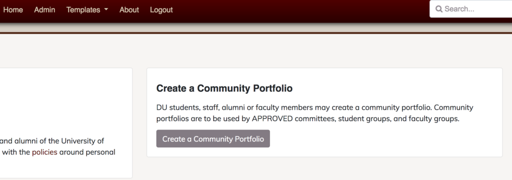 Screenshot of DU Portfolio Dashboard showing the "Create a Community Portfolio" link.