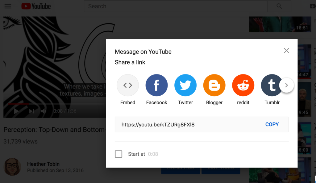 Screenshot of the "share" tab of a YouTube video.