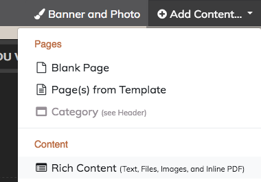 Screenshot of the "Add Content" tool and "Rich Content" option.