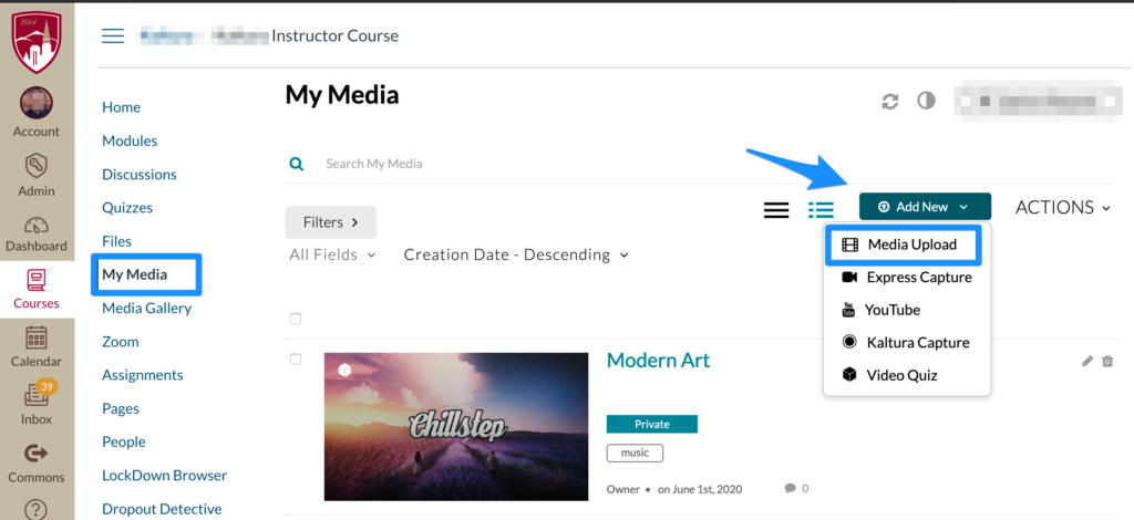 screenshot of Canvas My Media - Add New button