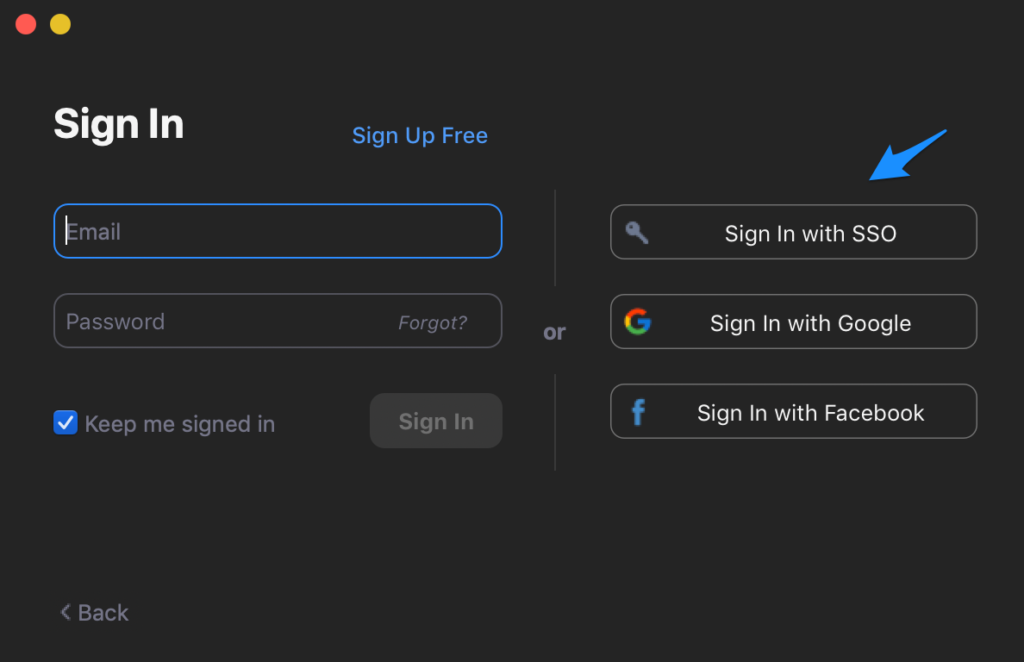 ZOOM login page with a pointer arrow to the Sign in with SSO option.