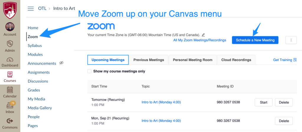Screenshot of Canvas course page displaying location of ZOOM link.