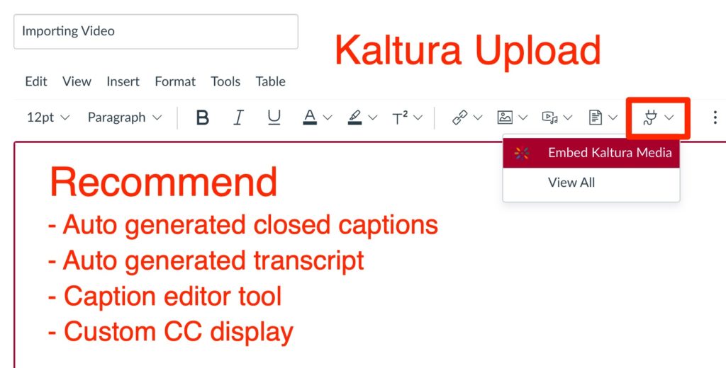 Image showing Kaltura Embed Media tool on a Canvas page.