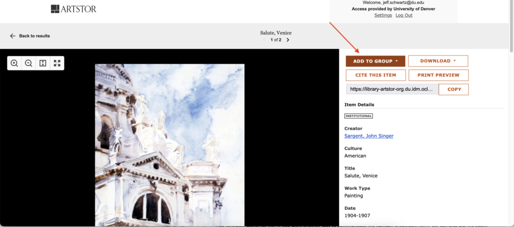 Arrow pointing to Add to group button on ARTstor website