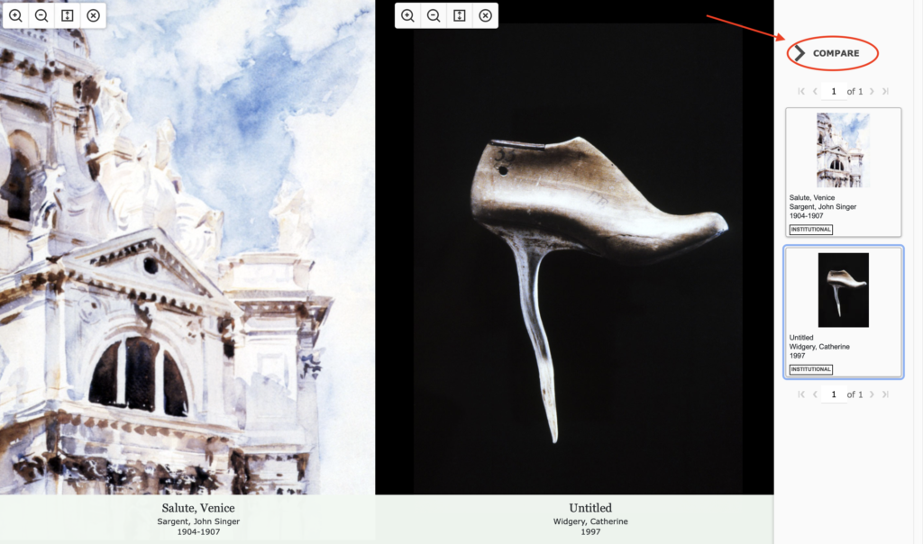 Arrow pointing to Compare link with two images side by side in ARTstor