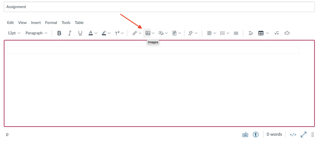 Arrow pointing to images icon in Canvas text editor bar