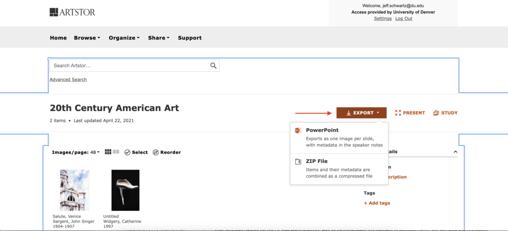Arrow pointing to Export button in ARTstor with options for PowerPoint and ZIP file