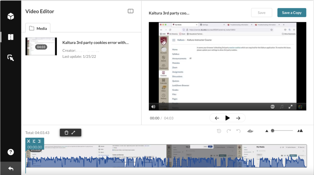 screenshot of the Kaltura video editor tool page. 