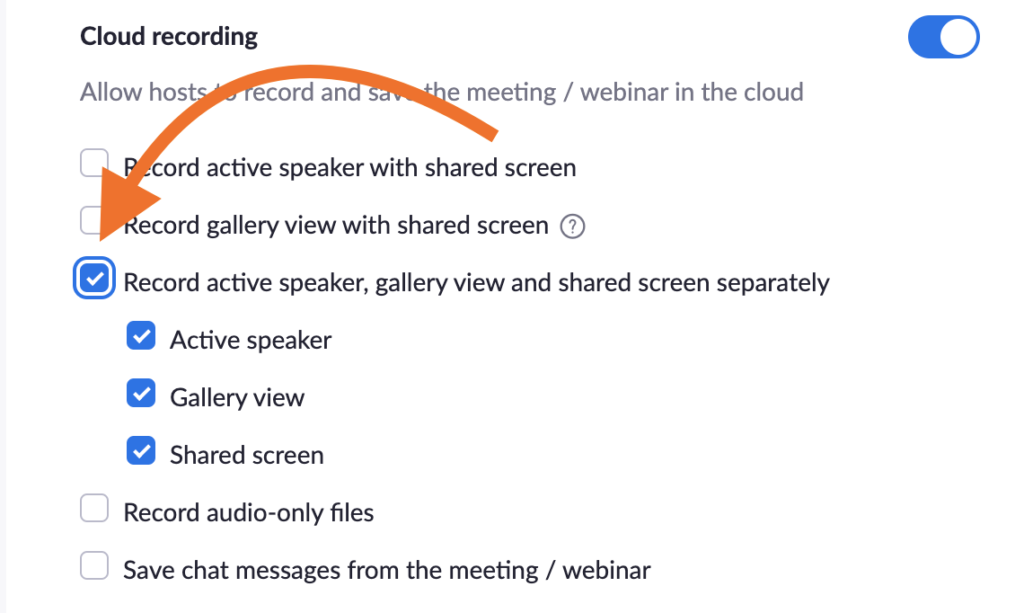 screen shot showing setting option "record active speaking, gallery view and shared screen separately"