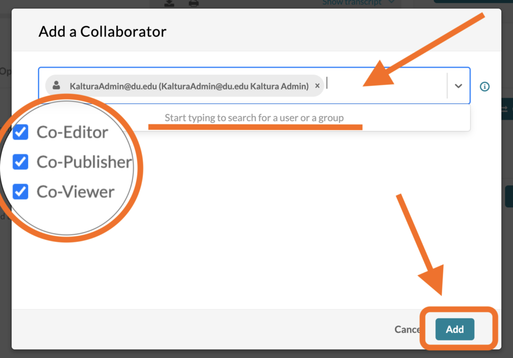 image highlighting collaborator options you can select (co-editor, co-publisher, and co-viewer. 