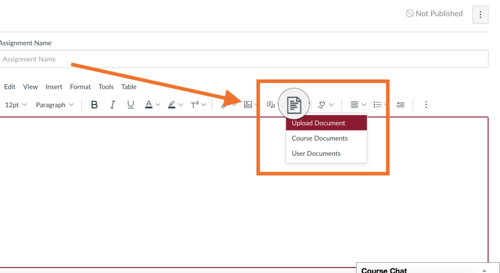 upload document feature on the submit assignment tool bar
