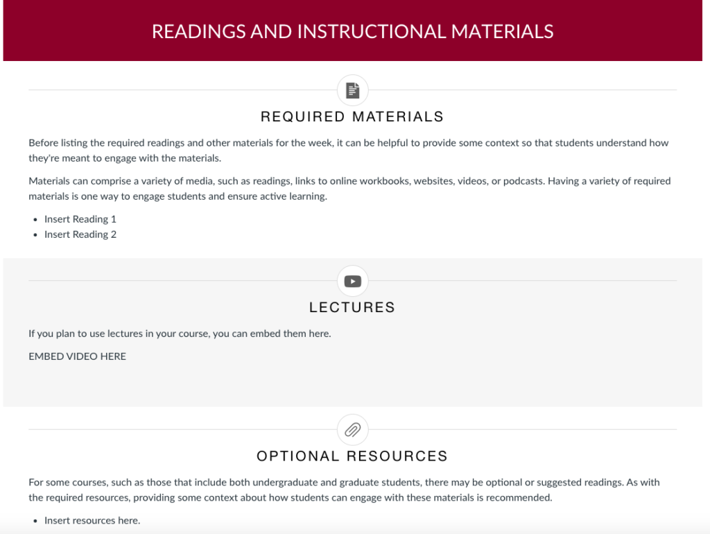 Readings and Instructional Page Example