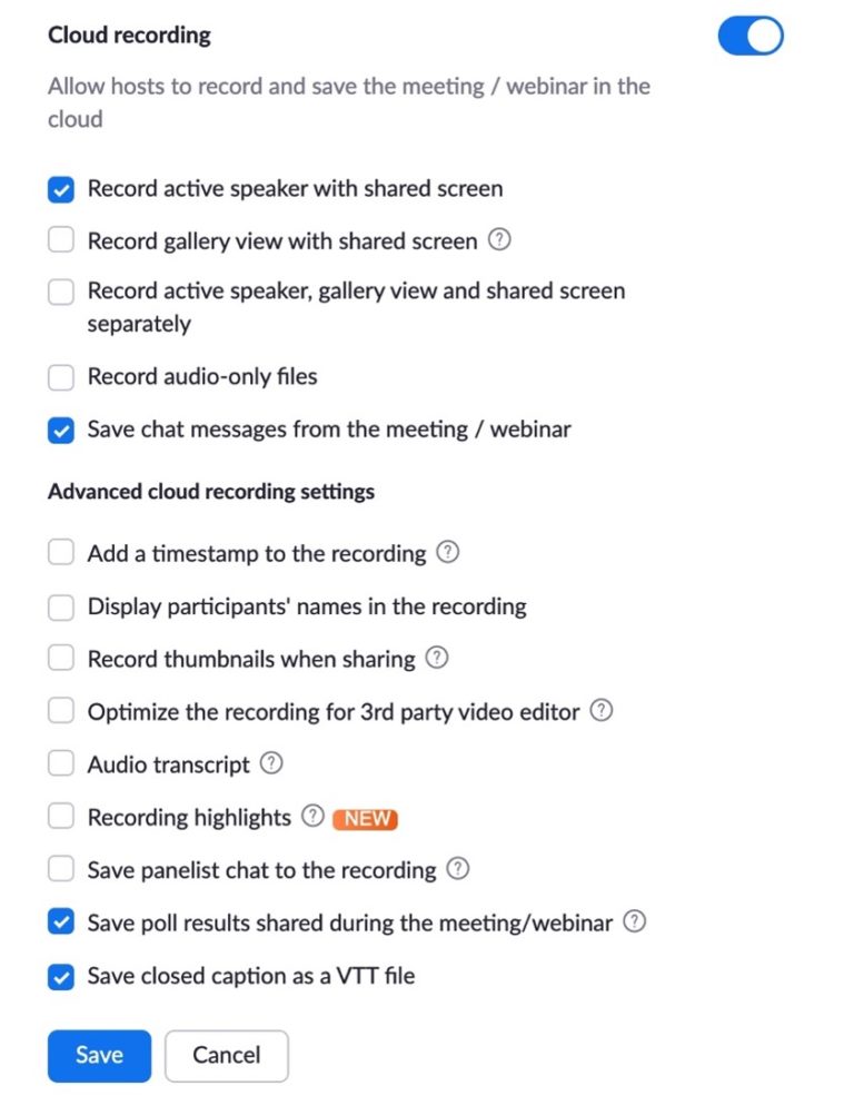 Screenshot of Cloud recording options for Zoom