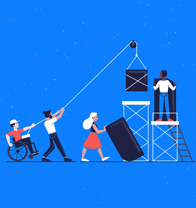 Four people working together to build a structure.
