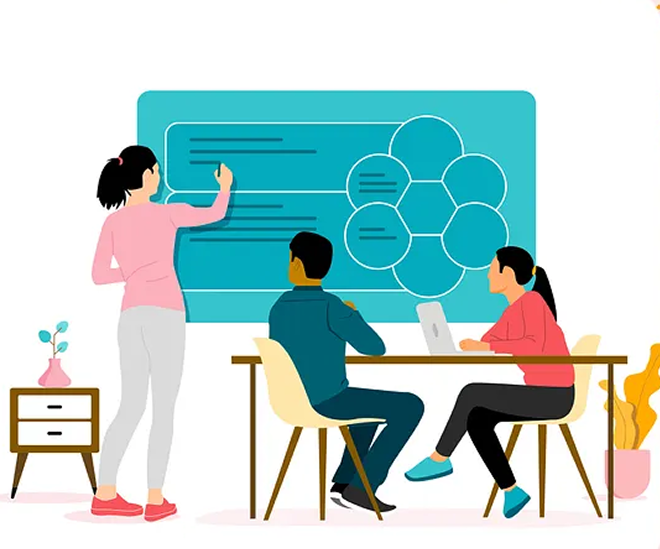 An illustration of an instructor writing on a board with two students present seated at a table.