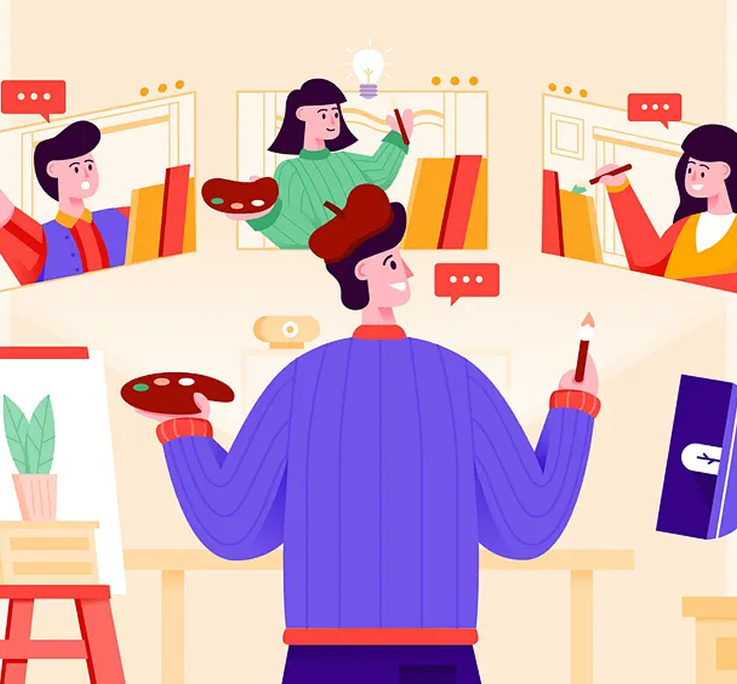 An illustration of a teacher doing a painting demonstration while engaging with the students who are following along and generating their own ideas.