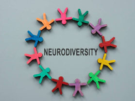 A circle formed by colorful people figures around a sign that reads neurodiversity.