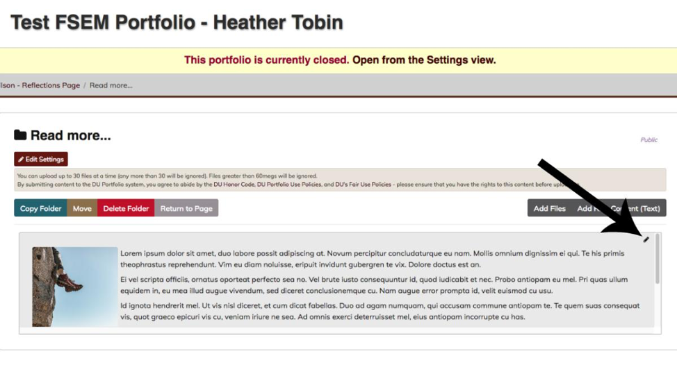 Screen shot of a folder item in DU Portfolio with an arrow identifying the "edit" icon.