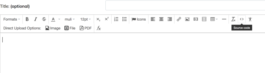 Screenshot of a rich content item and the bracket icon for viewing "source code."