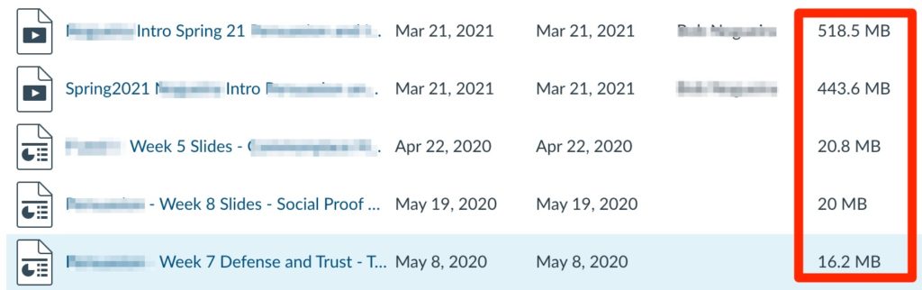 Image showing Canvas files section that contains large video and PowerPoint files. 
