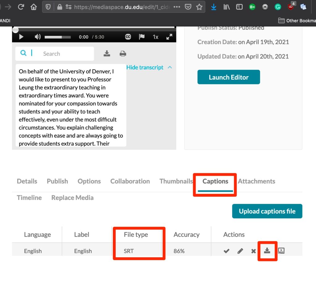 Image showing DU MediaSpace and how closed captions are downloaded. Go to Edit, Caption and click on the download icon. 