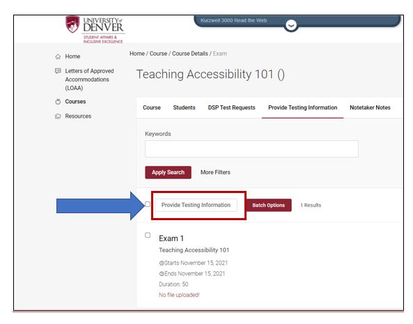 Providing Testing Information Landing Page inside of the Course. Selecting Provide Testing Information Button.