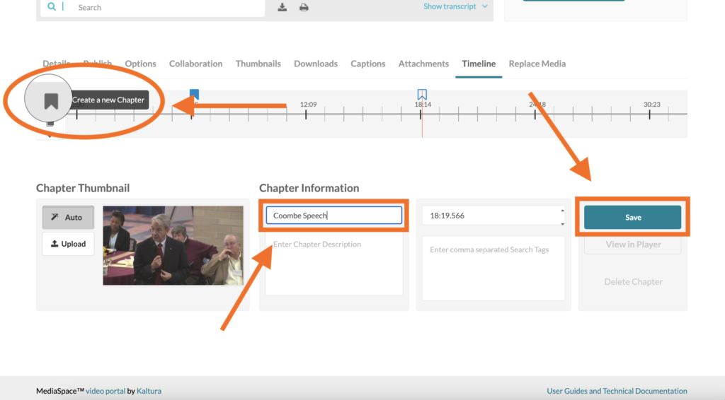 screen shot of media timeline highlighting the bookmark icon that indicates chapters, where to change the title of the chapter, and the save button on the right side of the screen. 