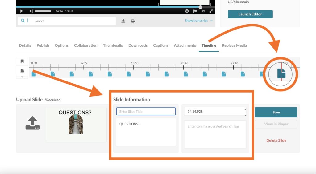 Screen shot of the timeline showing how to click and drag slides to arrange them manually on the timeline and highlighting the slide information area in the middle of the screen. 