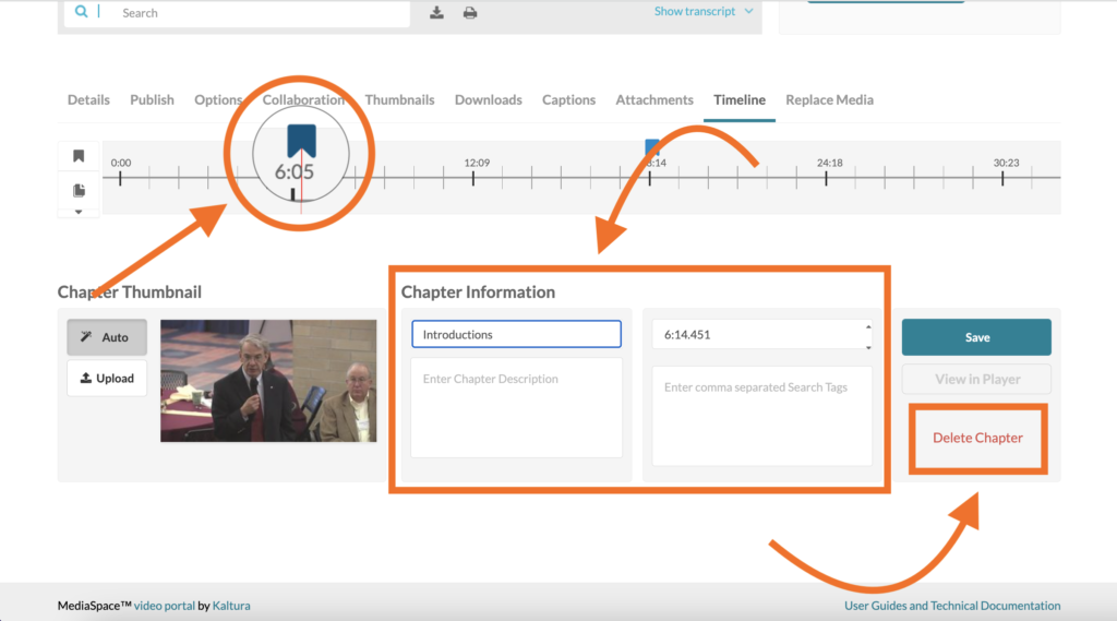 screen shot of the Kaltura media timeline highlighting that chapters can be moved on timeline by clicking and dragging corresponding bookmark icons on the timeline, where chapter information can be altered, and the delete chapter button on the right side of the screen. 