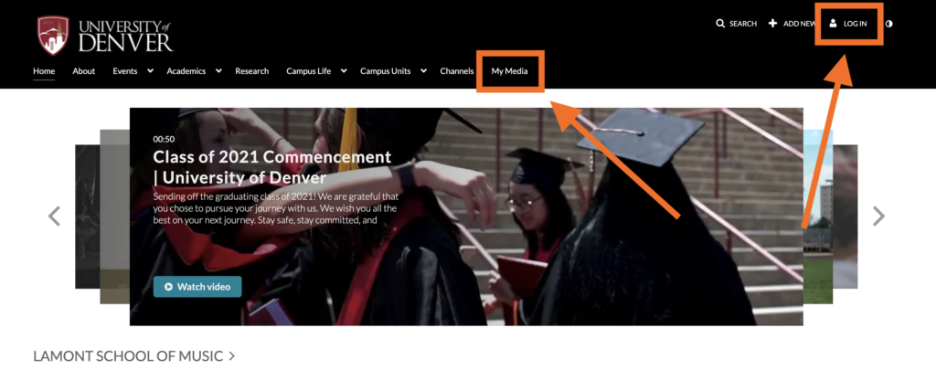 Screenshot of the DU MediaSpace homepage highlighting the Log in and My Media tabs in the top right corner. 