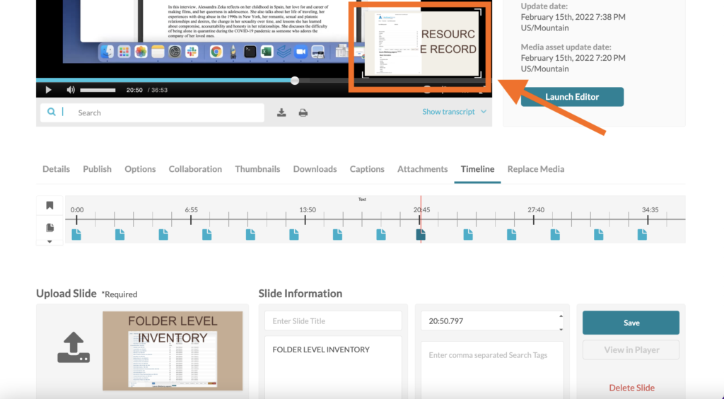 screen shot of media timeline once a slide deck as been uploaded and applied to a video. 