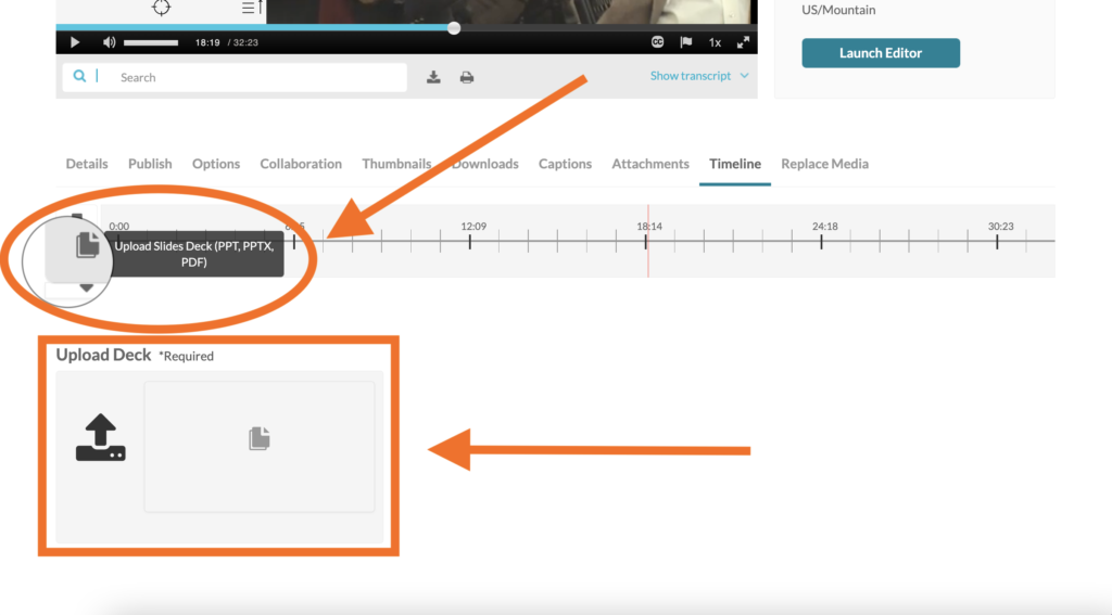 screen shot of the media timeline  showing the file icon representing where slides fall on the timeline and the designated area to drop files to up load slide decks in the bottom left corner. 