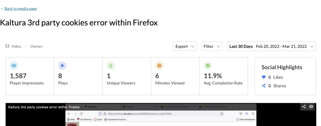 Screenshot of Kaltura analytics page showing highlights for an individual media entry