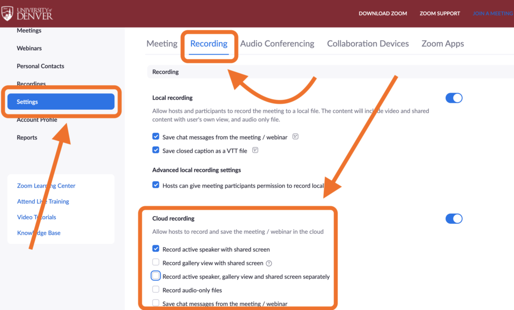 screenshot showing steps to access Zoom cloud recording settings: 1) Settings button, 2) recording tab, 3) cloud recording section. 