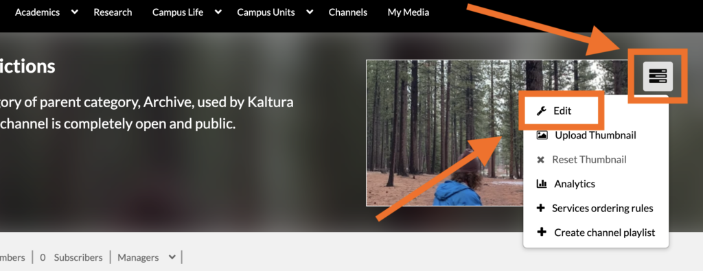 image highlighting Channel Actions button which is a hamburger button and the edit feature that can be seen in a dropdown menu after clicking Channel Actions.