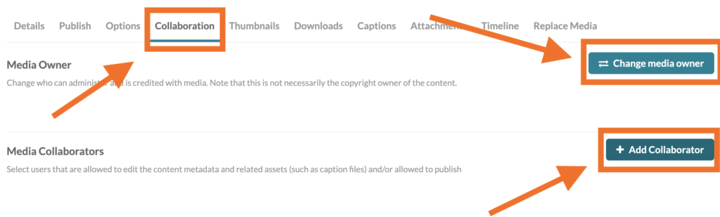 Image highlighting the Collaboration tab, the change media owner button, and the add collaborator button. 