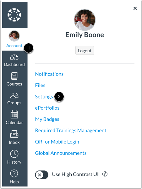 screenshot of Canvas navigation menu selecting account and then settings