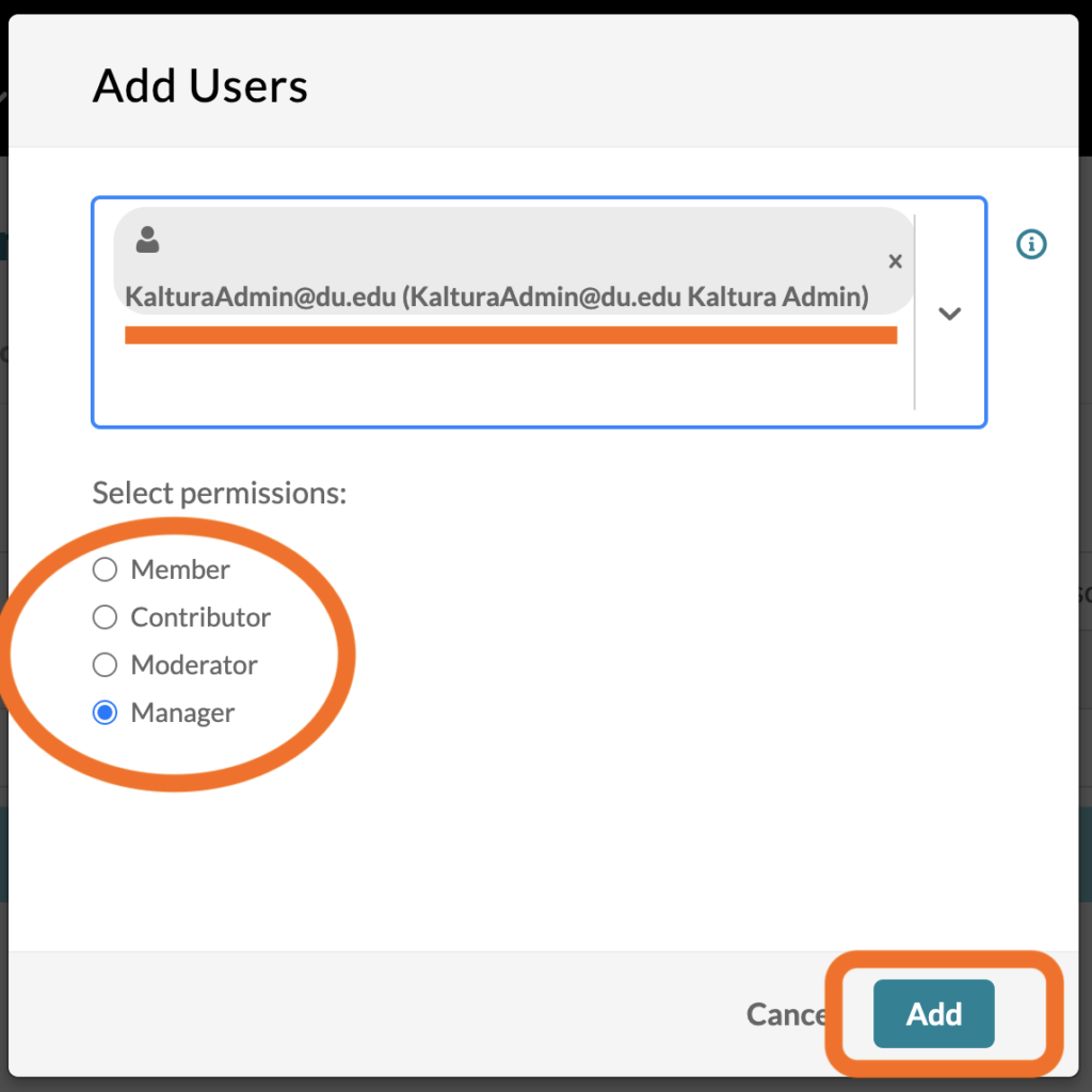 image showing the Add users window highlighting the select permissions options, how to search for users to add to your channel, and that add button. 