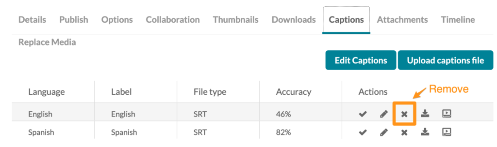 Screenshot showing how to remove unwanted caption file. 