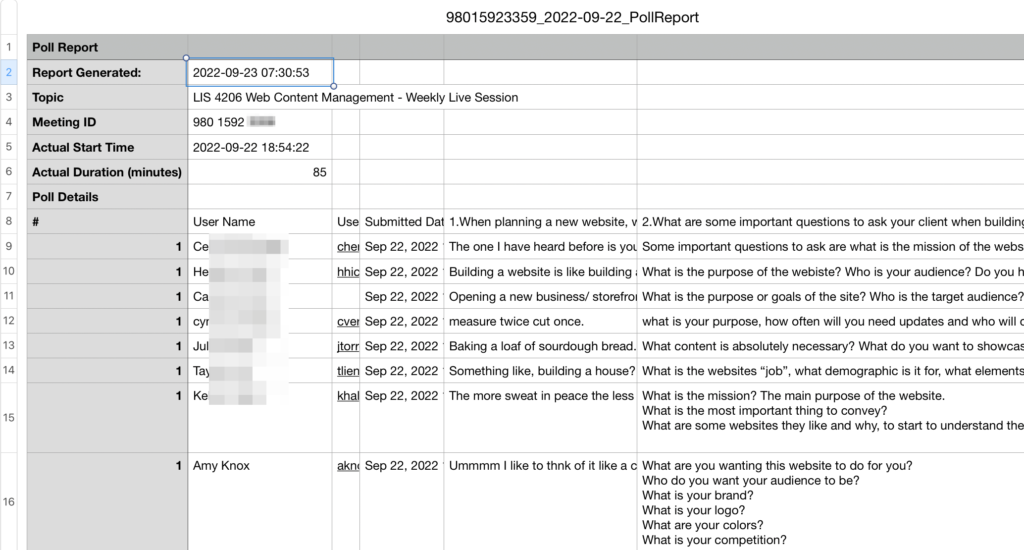 Screenshot showing CSV file with user names and answers. 