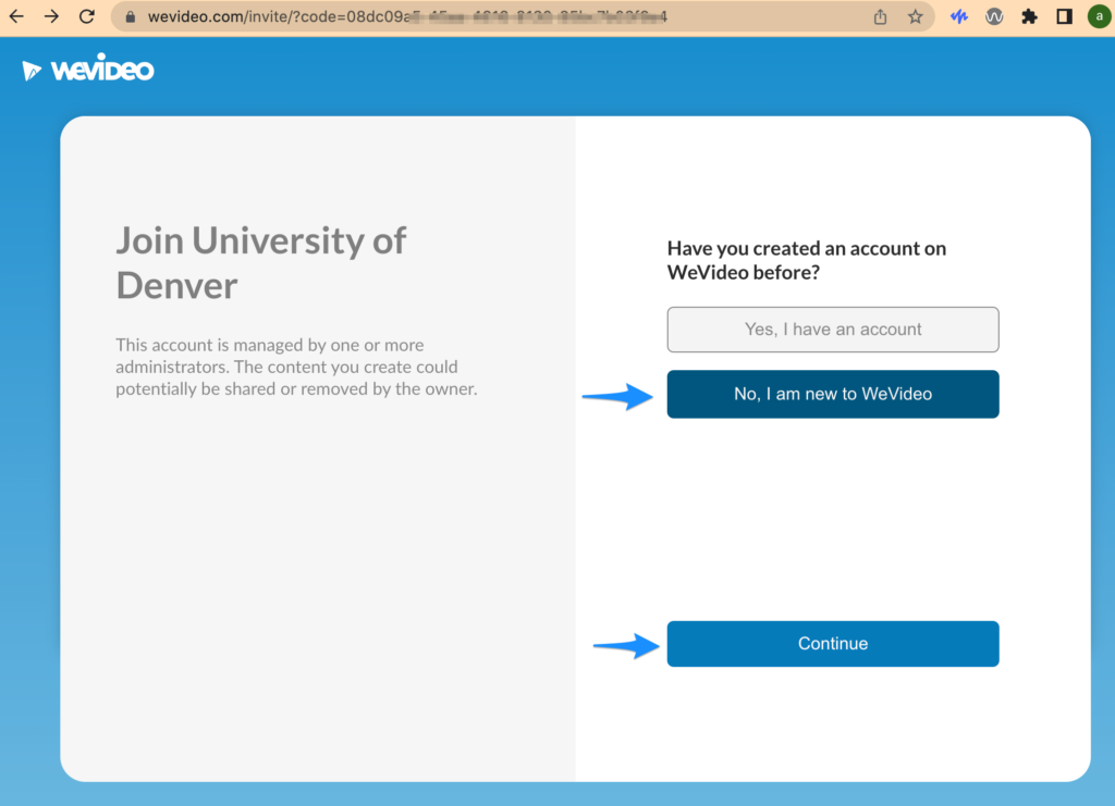 Screenshot showing to select No, I am a new WeVideo user. 