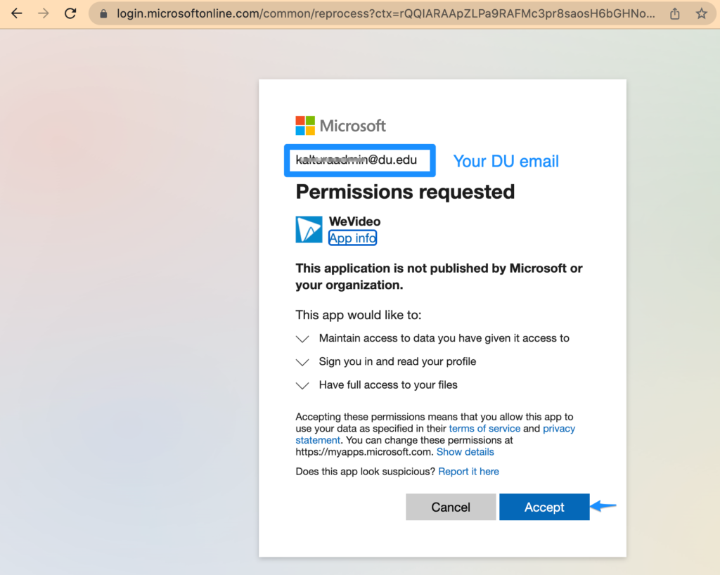 Screenshot showing Microsoft login page. Press Accept. 