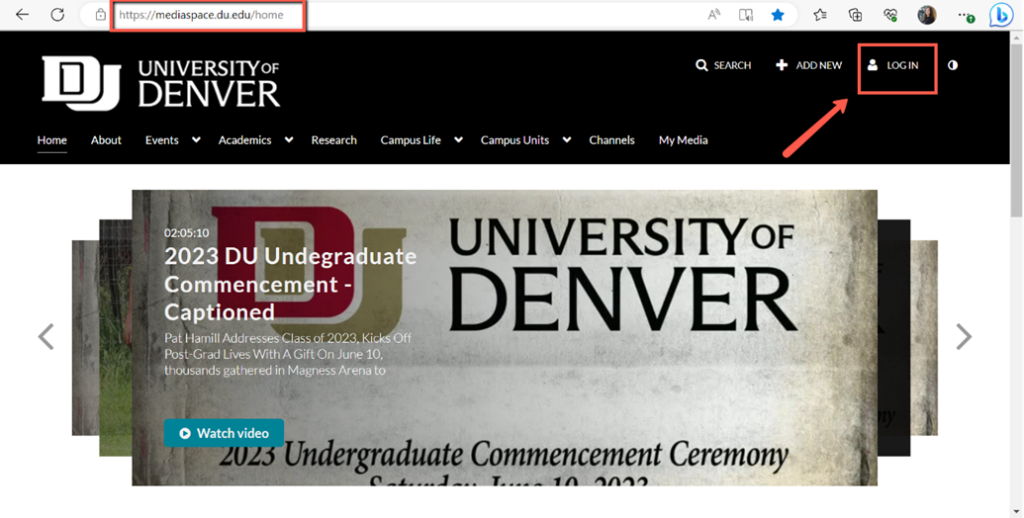 Screenshot depicting the home screen of DU's MediaSpace. There is a red box outlining the web address, and another red box outlining Log In option in the top right corner, with a red arrow pointing to it.